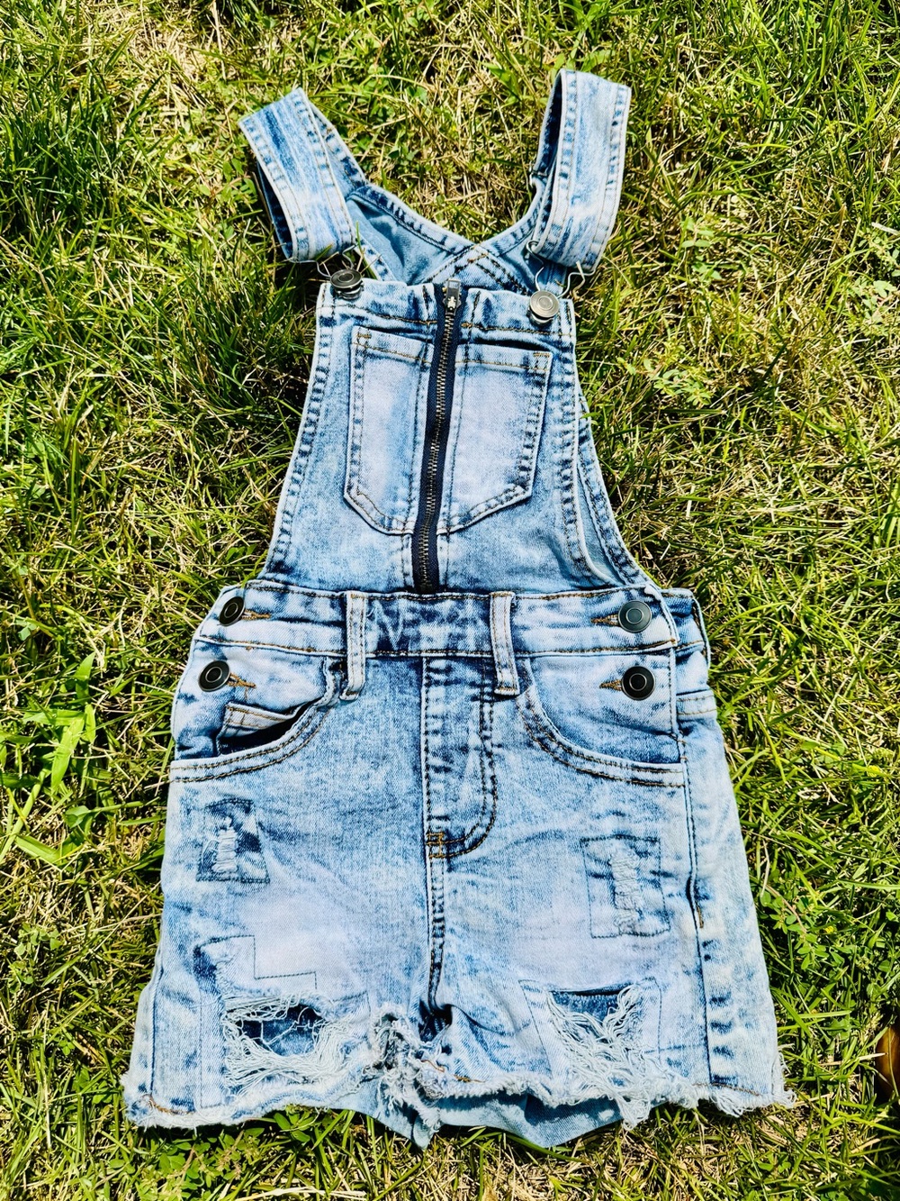 Fashion Nova Light Blue Distressed Denim Overall Shorts